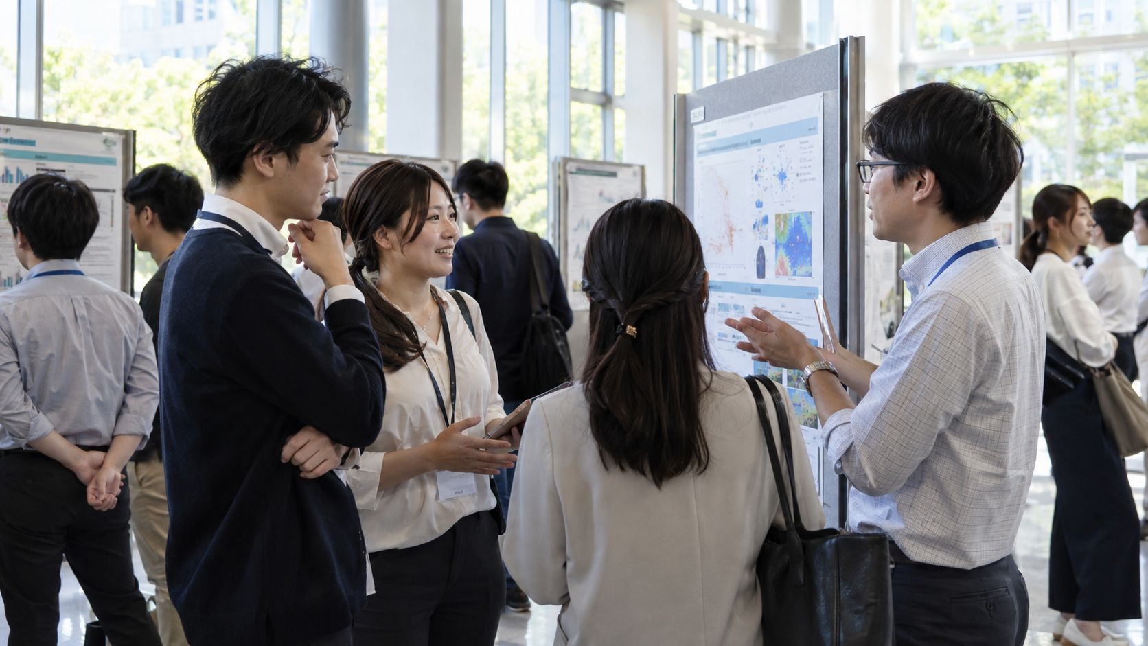 ポスター展示を囲み、学生と実務者が交流するイメージ